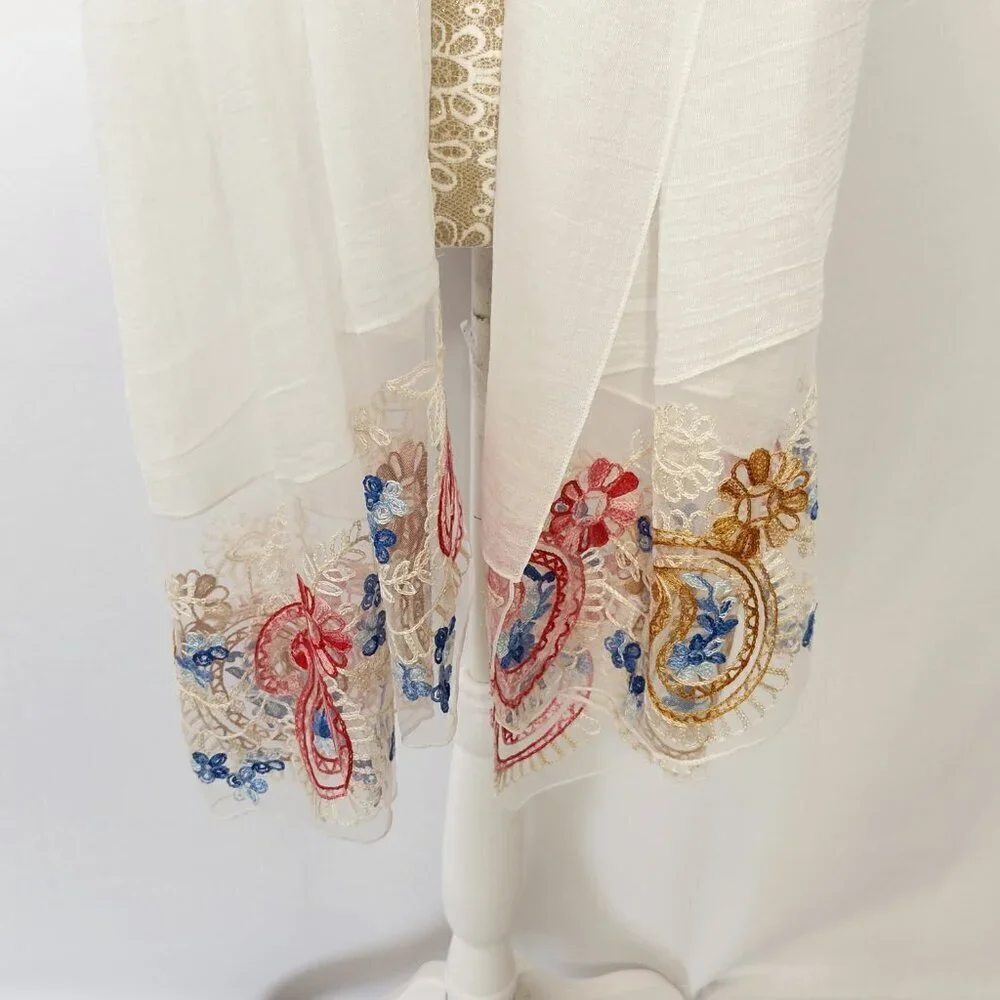 Scarf Women's Rectangle White Detailed Floral Embroidered Linen Blend Boho City